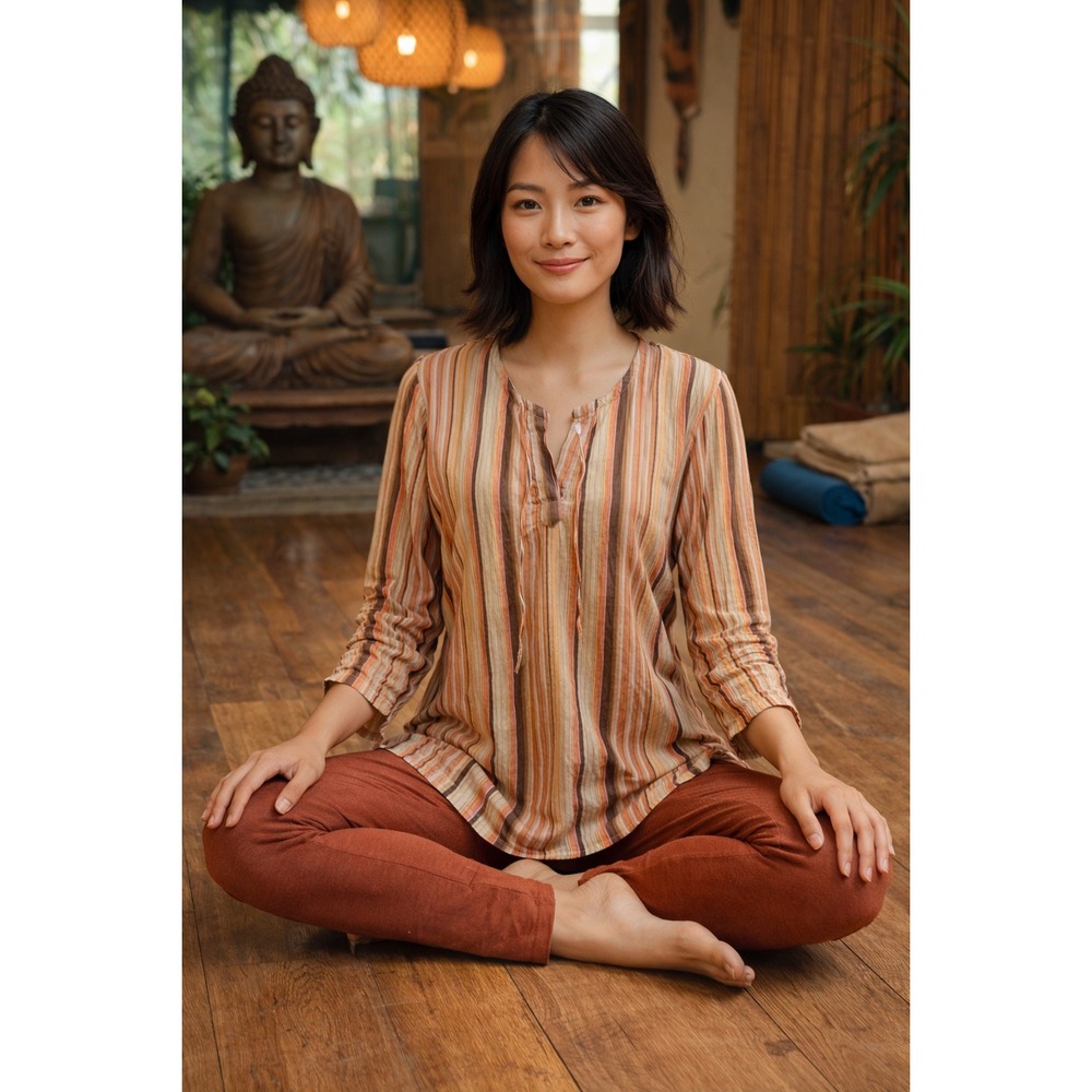 Athleta Women's Boho Yoga Pullover Striped‎ Tunic Split Neck Long Sleeve Size M